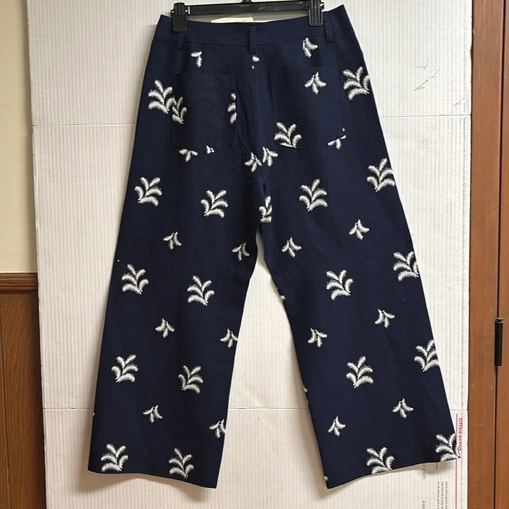 Elie Tahari Navy Blue/W Cream Colored Embroidered Palm Trees Wide Leg Size 10 - Picture 11 of 14
